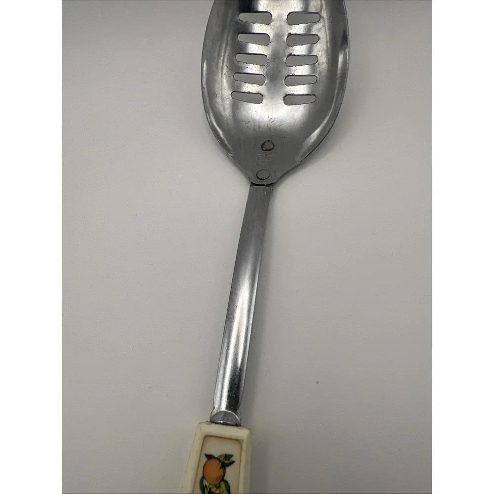Vintage Ekco Slotted Serving Spoon Vegetable Design Handle Mushrooms MCM 12.25